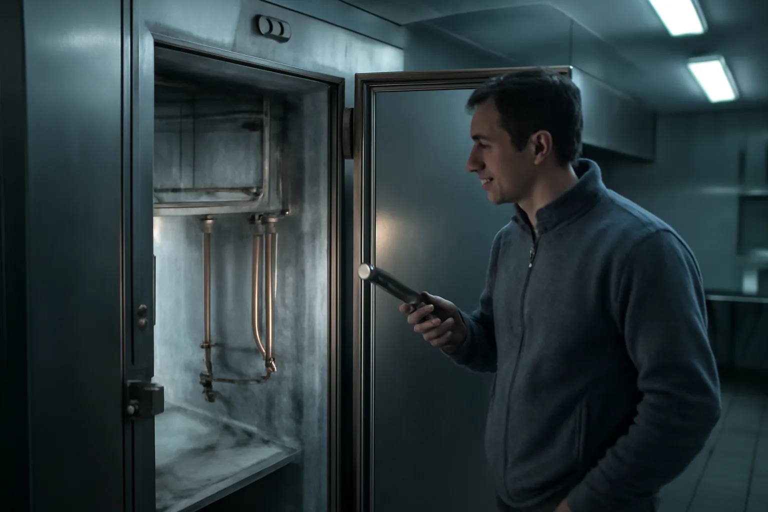 Technician checking a walk-in cooler evaporator in an Indiana kitchen