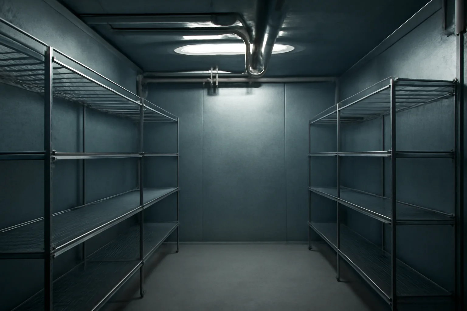 Interior of a walk-in cooler showing refrigeration piping and metal shelving