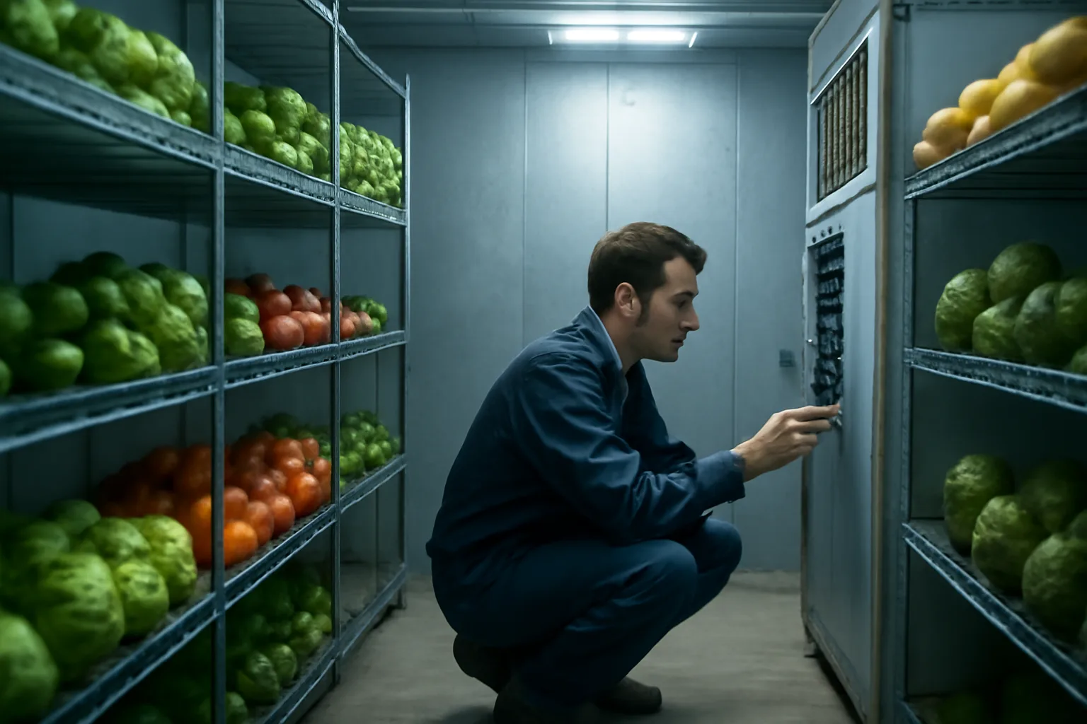 Technician inspecting refrigeration unit inside a Tennessee walk-in cooler