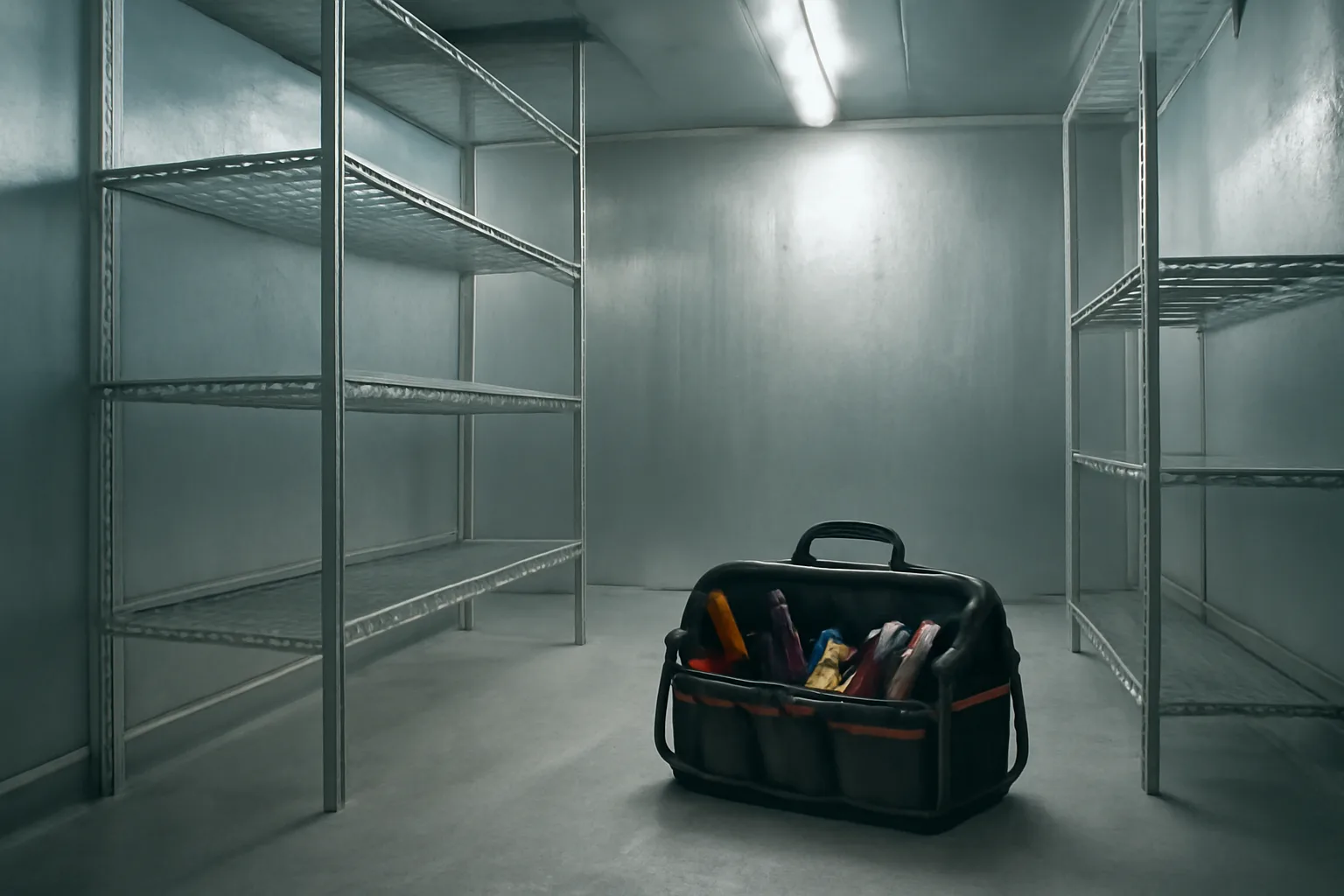 Technician tools inside a Texas commercial walk-in cooler unit